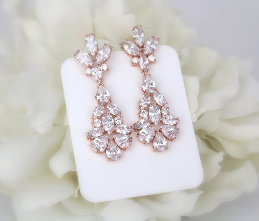 Hochzeit - Rose Gold earrings, Long Bridal earrings, Wedding jewelry, Crystal earrings, Art Deco earrings, Wedding earrings, Chandelier earrings