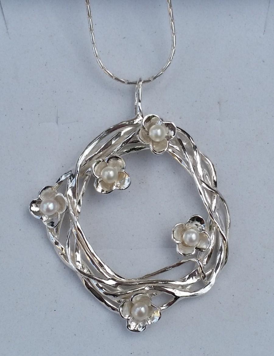 زفاف - Silver  Pendant ,Sterling Silver 925 ,Handmade ,Artisan ,Crafted ,Necklace, Gemstones ,Pearl ,Flower ,Woman, silver jewelry