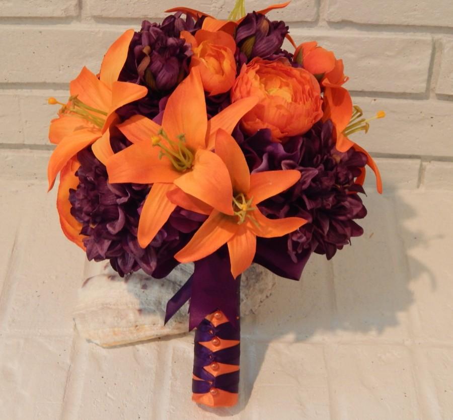 Свадьба - Fall Wedding Bouquet- Silk Flower Bridal Bouquet- Boutonniere- Tiger Lily Bouquet-Custom Order