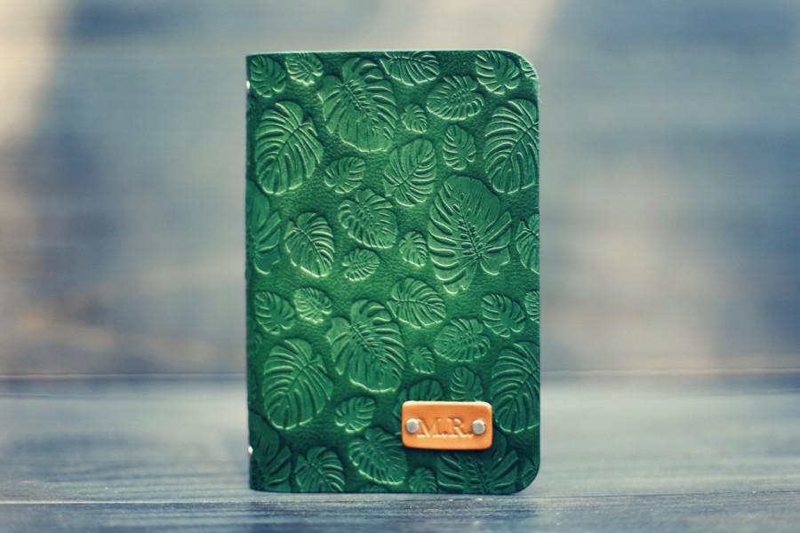 Wedding - Personalized Leather journal, Notebook, Travel Diary, Journal, Sketchbook, Green tropic monstera leaves, palm handmade, Custom name initials