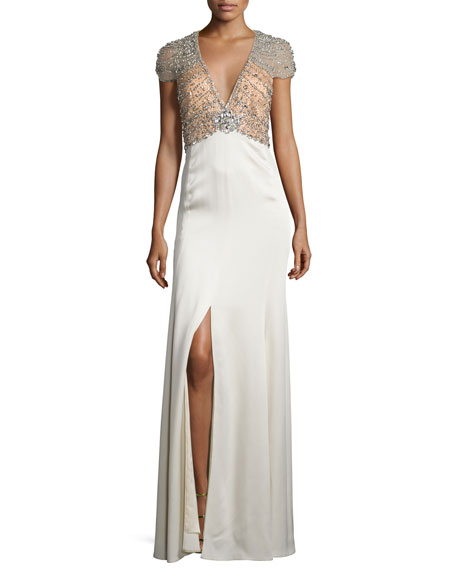Mariage - Sequined-Bodice Deep-V Gown, Illusion/Glass