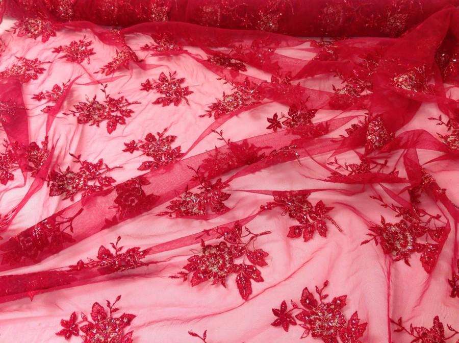 Hochzeit - Red lace fabric by the yard, Lace Dress fabric, Flower Girl Fabric, Fancy lace fabric Matron of Honor dress fabric idea Bright Red Fabric