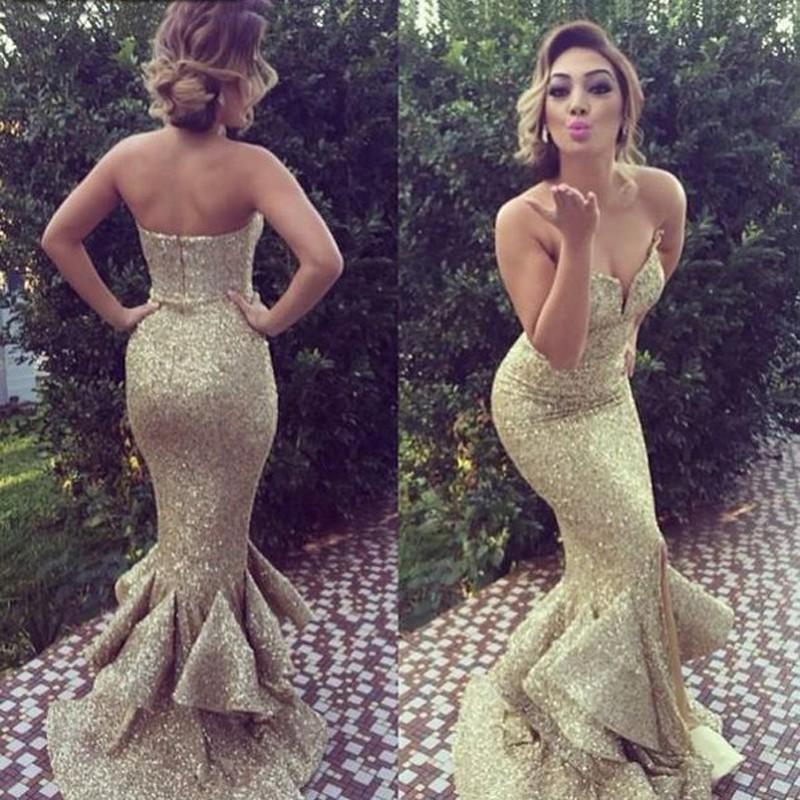 Hochzeit - Mermaid Sweetheart Sweep Train Sequins Long Prom Dress with Ruffles