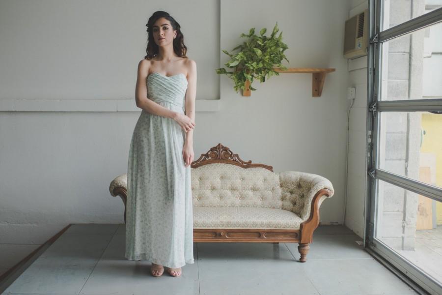 زفاف - Floral Print Bridesmaid Dress (Long), 'Posy' Print in Sage, Strapless Sweetheart Gown with Bodice Pleating, Removable Straps