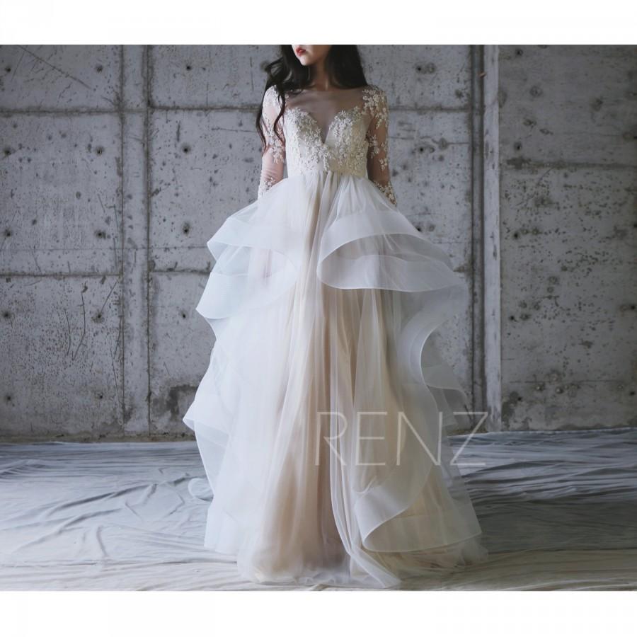Hochzeit - 2017 Off White Mesh Wedding Dress with Long Sleeves, Ruffle Draped Bridal Train, Sweetheart Lace Illusion Prom Dress Beading Floor (LW213)