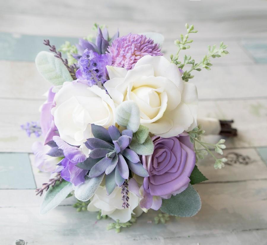 Mariage - Lush Lilac Wedding Succulent, Roses and Sprays Silk Flower Bride Fall Rustic Bouquet