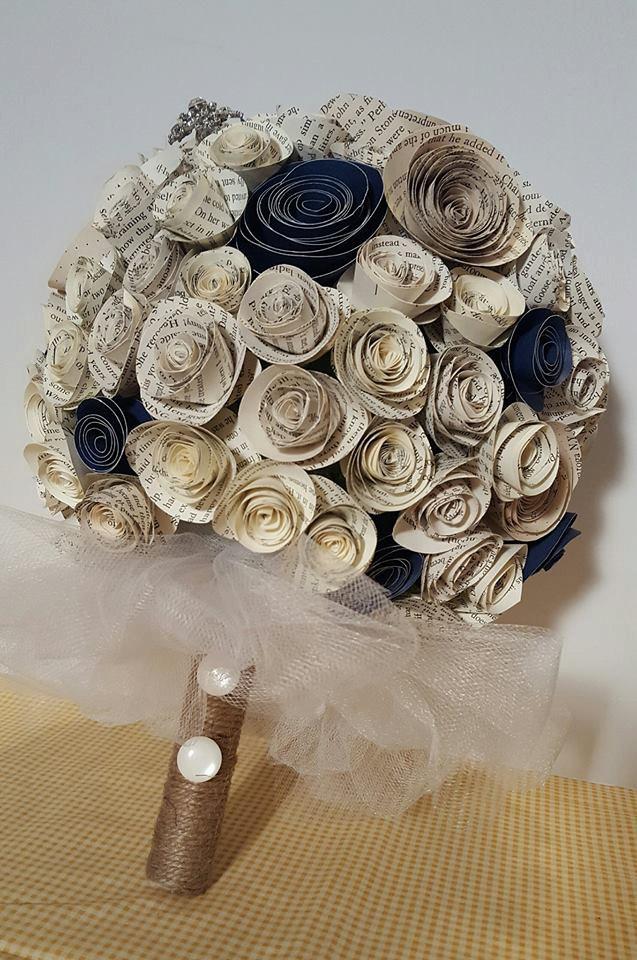 Hochzeit - Paper Flower Bouquet, Wedding Alternative Bouquet, Wedding Bouquet, Paper Bridal Bouquet, Paper Flowers, Book Page, Navy Blue, Large Bouquet