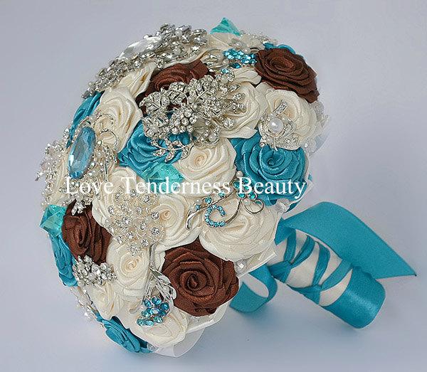 Hochzeit - Brooch Bouquet, Turquoise,Bbrown and Silver Wedding Bouquet, Bridal Bouquet, Jewelry Bouquet, Broach Bouquet, Wedding Decor, Crystal Bouquet