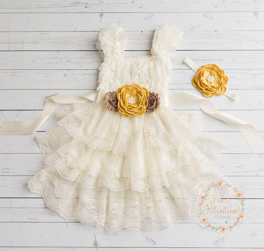Hochzeit - Ivory Rustic flower girl dress, junior bridesmaid dress, country flower girl dress,Easter dress, shabby chic country wedding, birthday dress