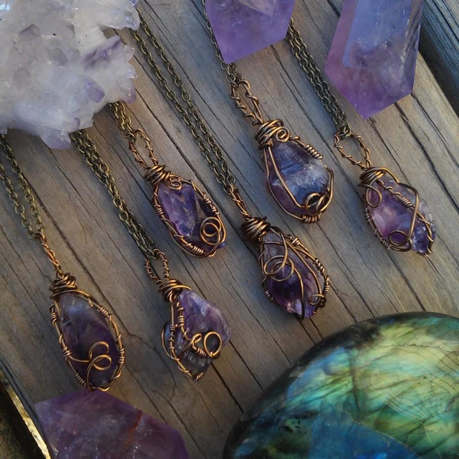 زفاف - Raw Amethyst necklace, amethyst necklace, crystal necklace, purple stone, wire wrapped, crystal , february birthstone