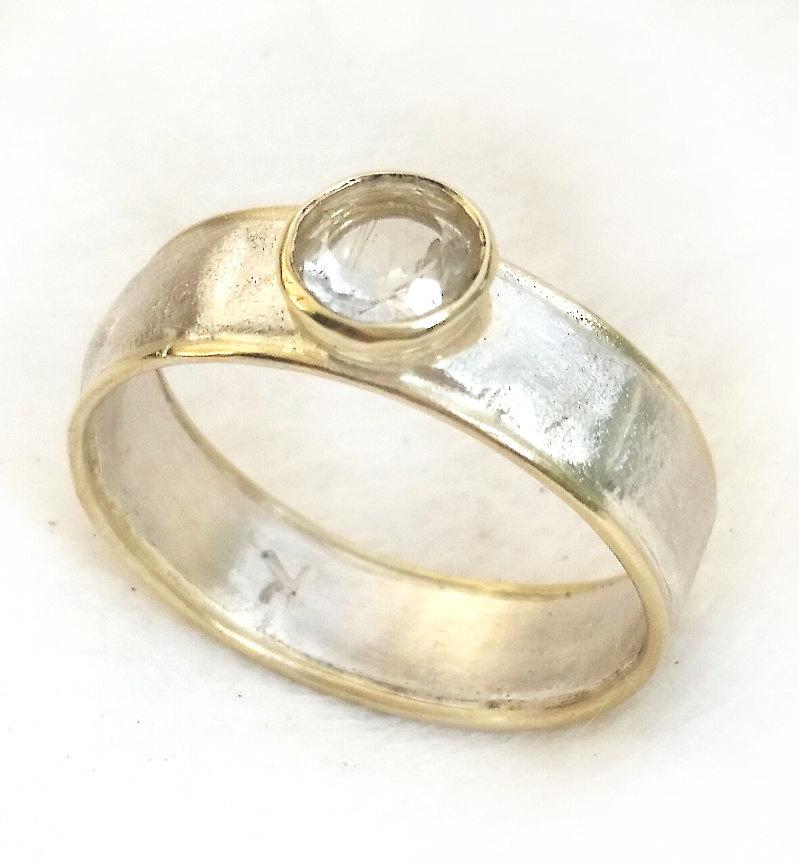 زفاف - Alternative engagement ring, textured sterling silver and gold with rutilated quartz, yellow gold rims, promise ring, ilanamir