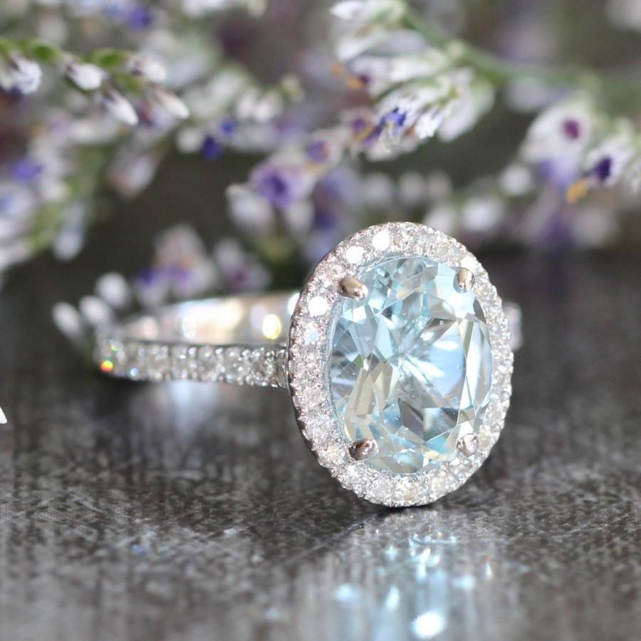 Hochzeit - Diamond and Aquamarine Engagement Ring in 14k White Gold Pave Diamond Wedding Band 9x7mm Oval Aquamarine Gemstone Ring