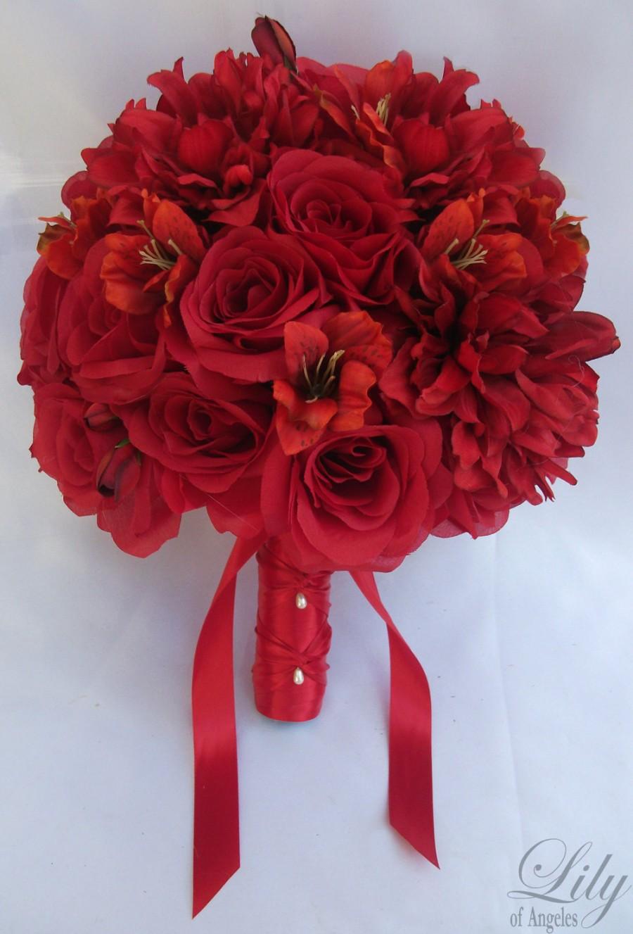 Свадьба - 17 Piece Package Wedding Bridal Bride Maid Of Honor Bridesmaid Bouquet Boutonniere Corsage Silk Flower APPLE RED "Lily of Angeles" RERE03