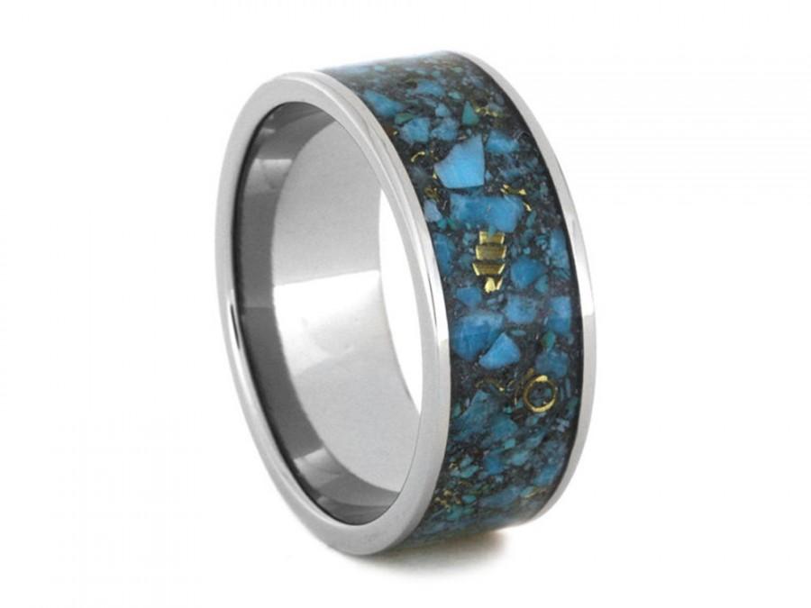 زفاف - 14k Yellow Gold And Crushed Turquoise Wedding Band, Unique Titanium Ring, Mens Turquoise Ring
