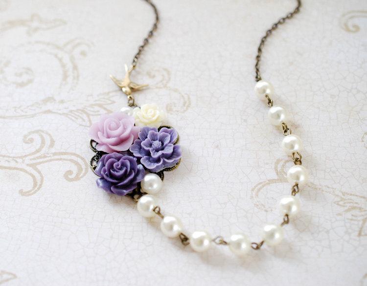 Hochzeit - Purple Ivory Flowers Collage Necklace. Amthyst Purple Ivory Flowers, Swallow Bird, Ivory Pearl Necklace. Wedding Bridal Necklace