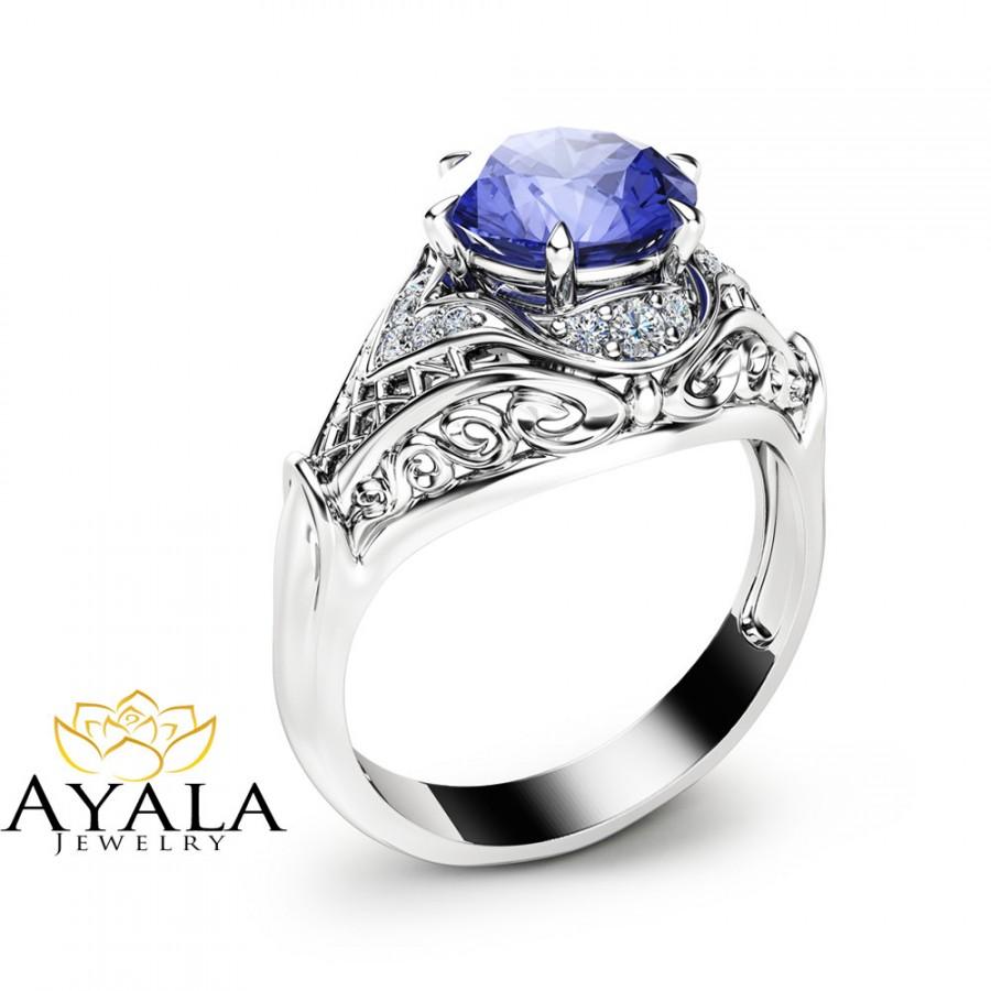 زفاف - Tanzanite Engagement Ring Tanzanite Halo Ring in 14K White Gold Unique Engagement Ring Gemstone Anniversary Ring