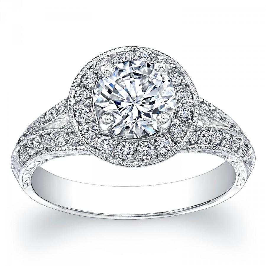 Wedding - Platinum split band halo engagement ring with 1.60 ct Round White Sapphire and 0.30 ctw G-VS2 diamonds