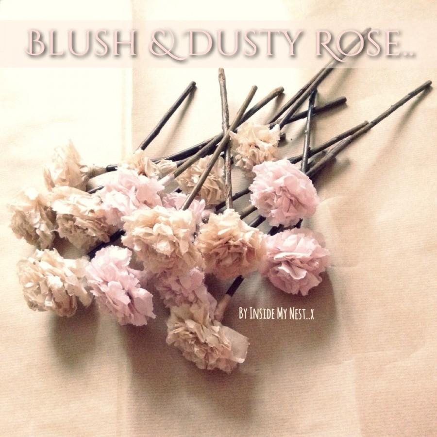 Wedding - Blush Dusty Rose Tissue Pom Pom Flower Wooden Sticks Vintage Shell Pink Wedding Bouquet Table Centrepiece Flower Favour (Set of 12)