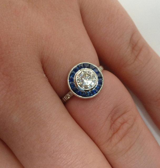 Mariage - SALE! Art Deco Style Sapphire and Diamond Target Ring in Platinum