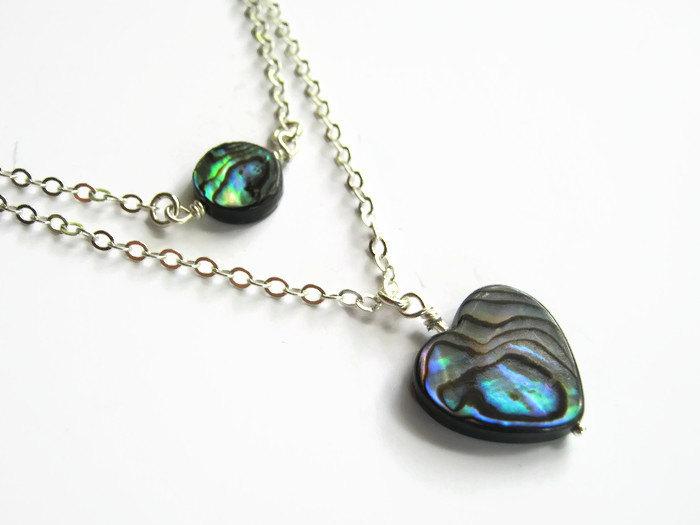 Свадьба - Abalone Shell Layered Necklace, Double Sterling Silver Heart Necklace, Layered Necklace, Beach Necklace, Wedding Jewelry, Double Strand