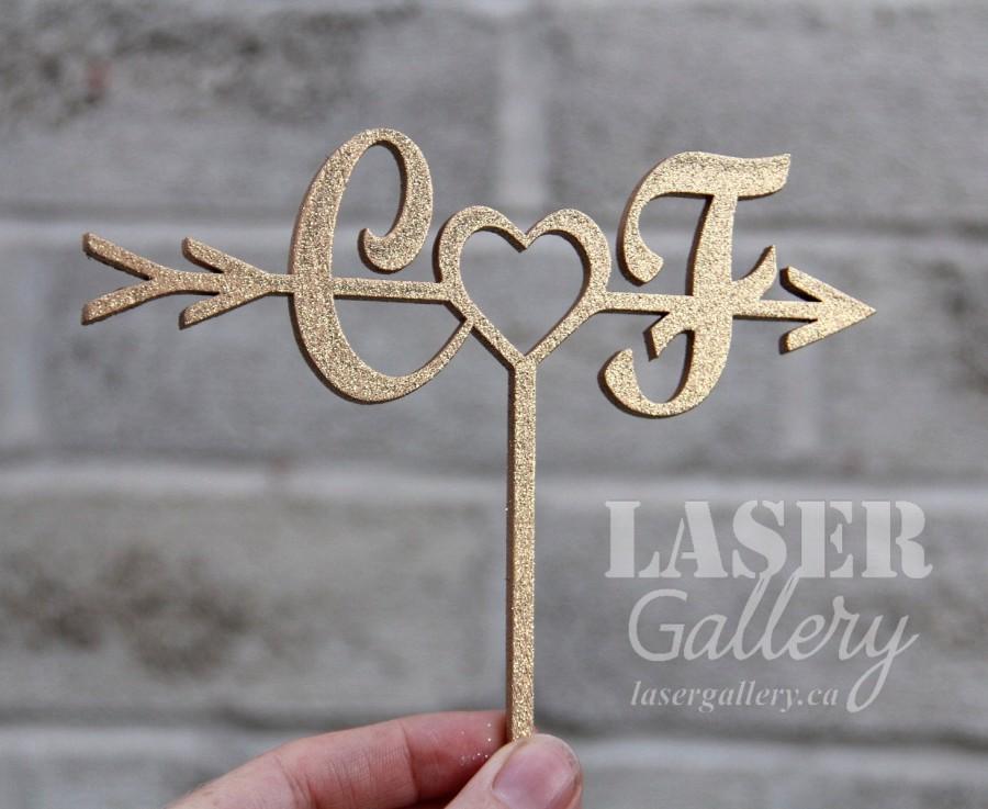 Hochzeit - Monogram ARROW Cake Topper 6" or 8" wide - Golden or Silver with Glitter Wooden Rustic Wedding Cake Topper for Wedding - Wedding Cake Decor