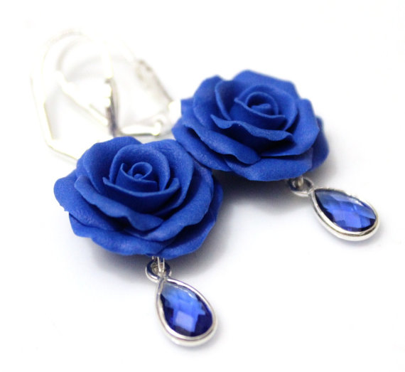 Hochzeit - Blue Rose Drop Earrings, Royal Blue flower drop earrings, Blue jewelry, Blue Rose Wedding Earrings, Blue Bridesmaid Jewelry, Bridal Flowers