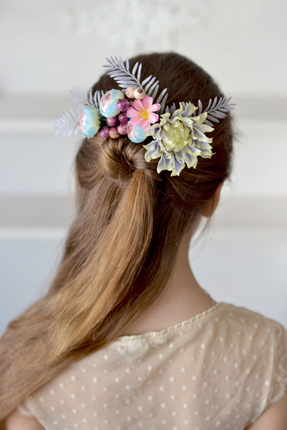 زفاف - Wedding flower hair comb Exotic floral head piece Blue purple hair piece summer wedding fern hair comb floral bridal woodland comb back