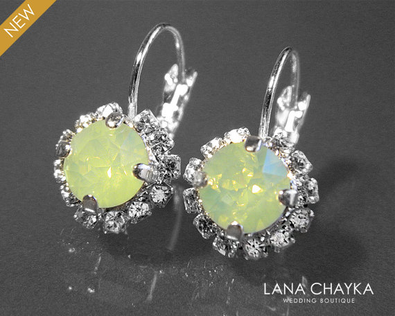 Свадьба - Green Opal Halo Earrings Swarovski Chrysolite Green Opal Earrings Light Green Opal Leverback Silver Earrings Wedding Green Crystal Earrings