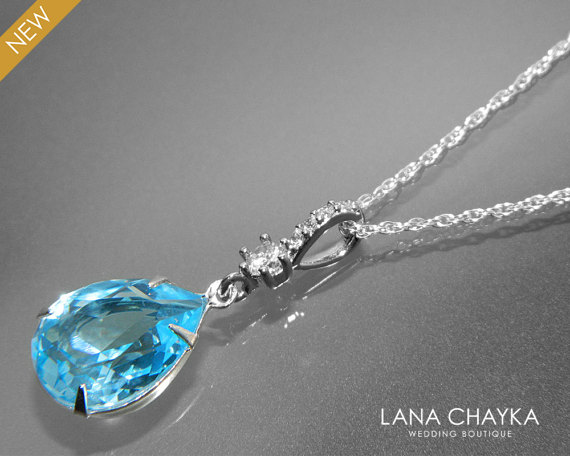 زفاف - Aquamarine Crystal Necklace Swarovski Aquamarine Silver Pendant Aqua Blue Silver CZ Necklace Birthstone Necklace Teardrop Blue Necklace
