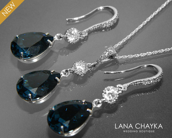 Mariage - Navy Blue Crystal Bridal Jewelry Set Earring&Necklace Dark Blue Set Swarovski Montana Blue Rhinestone Silver Set Bridal Navy Blue Jewelry