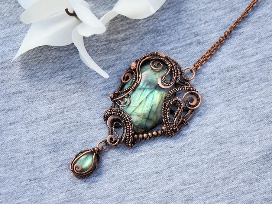 Wedding - Labradorite copper wired pendant- Heart pendant - OOAK stone necklace