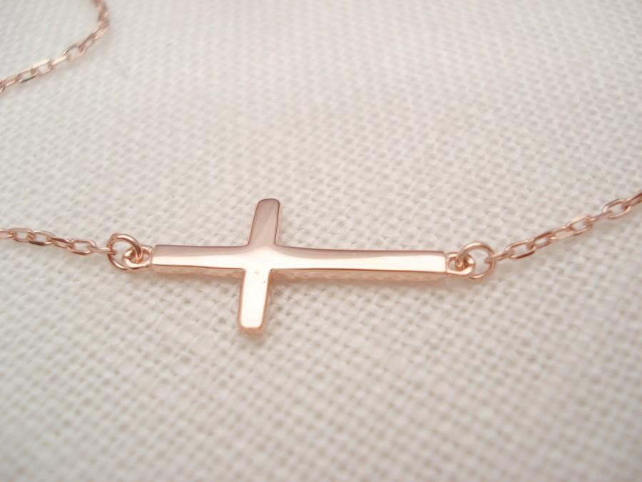 زفاف - Rose Gold over Sterling silver sideways cross necklace...simple everyday inspirational necklace, bridal jewelry, wedding, bridesmaid gift