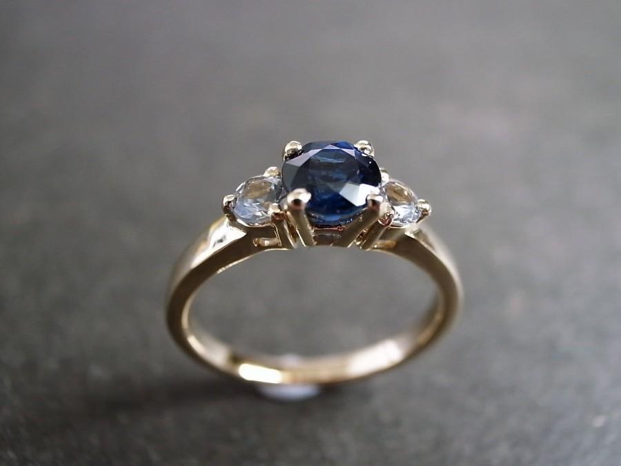 Hochzeit - Engagement Ring / Blue Sapphire and White Sapphire Engagement Ring / Sapphire Jewelry / Blue Sapphire Wedding Ring 14K Yellow Gold