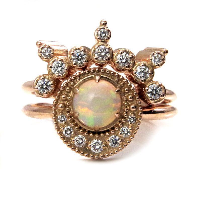 زفاف - Diamond and Opal Shooting Star Celestial Engagement Ring Set - 14k Rose Gold