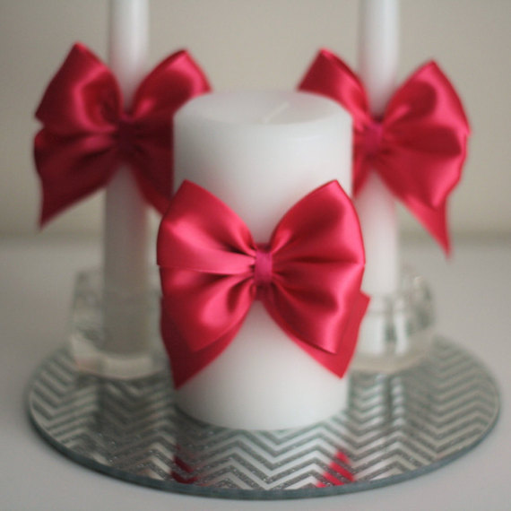 زفاف - Fuchsia Wedding Candles, White Pillar and Stick Wedding Candle with dark pink bow, Handmade Bow Unity Candle, Candles with Ribbon Bow