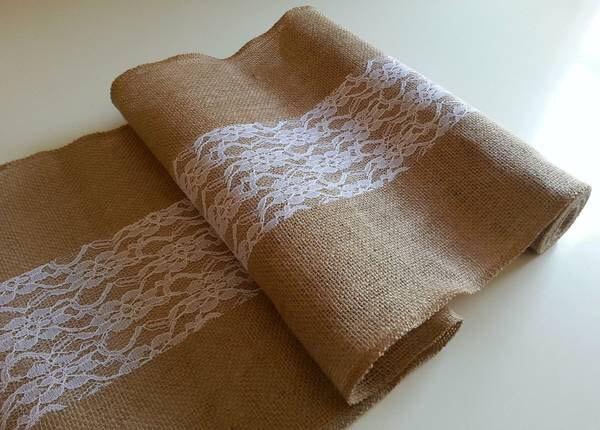 Wedding - Burlap table runner with lace for dining table, wedding, party, or bridal shower. Rustic decor.
