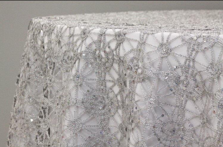 Hochzeit - Sale! Silver or gold and sequence chain lace table overlay, lace tablecloth, wedding decor, table runner