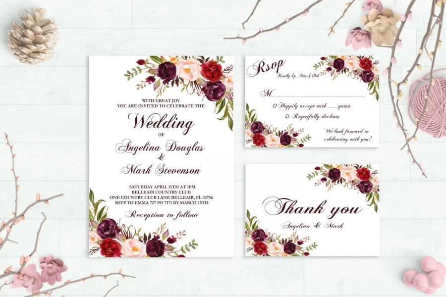 Marsala Wedding Invitation Printable Burgundy Wedding Invitation