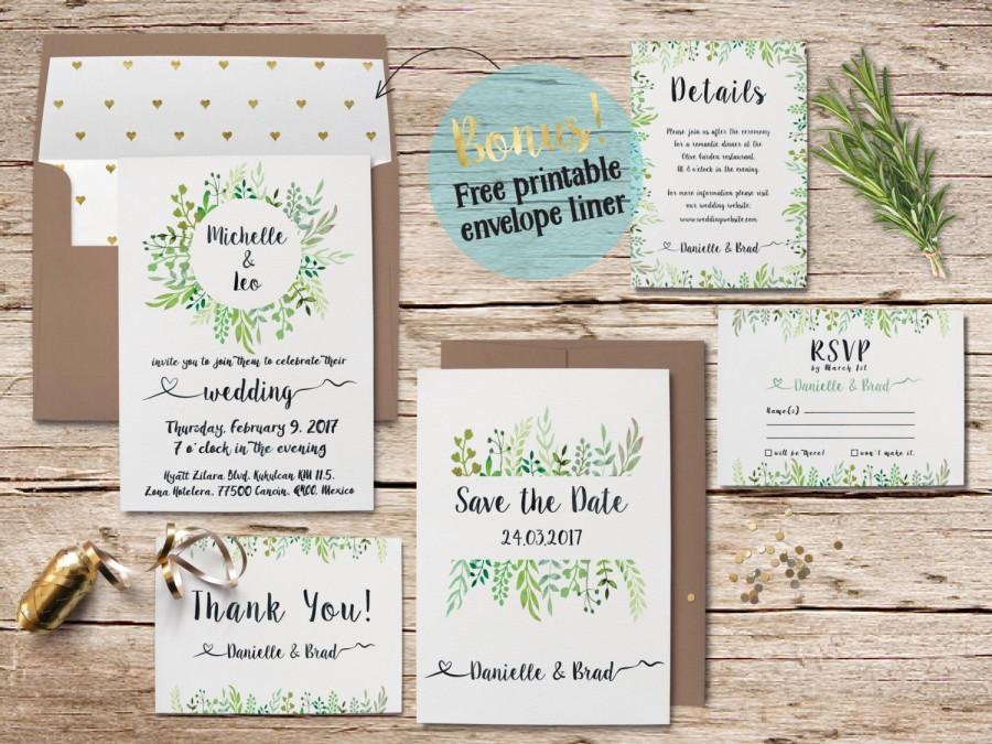 Hochzeit - printable wedding invitation suite leafy greenery garden wreath green leaves invitation set watercolor floral wedding invitation suite