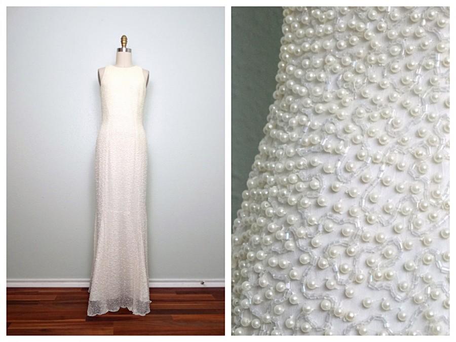 Wedding - Vintage Pearl Beaded Wedding Dress / Clear Iridescent Glass Beaded Gown / Heavily Embellished Wedding Gown Small XS