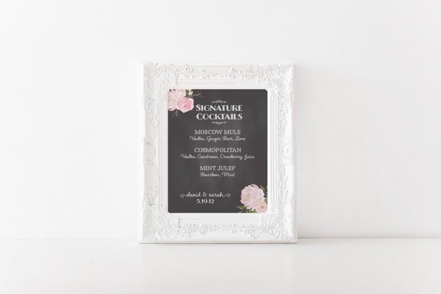 Hochzeit - Custom Signature Cocktails Menu DIY Wedding Sign Printable - Peony Floral Chalkboard Design