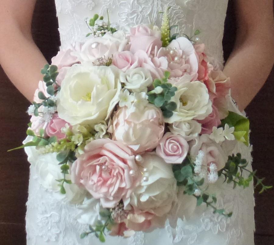 Mariage - Bespoke Vintage Pastel Blush Dusky pink and ivory rose and peony wedding bridal bouquet country style