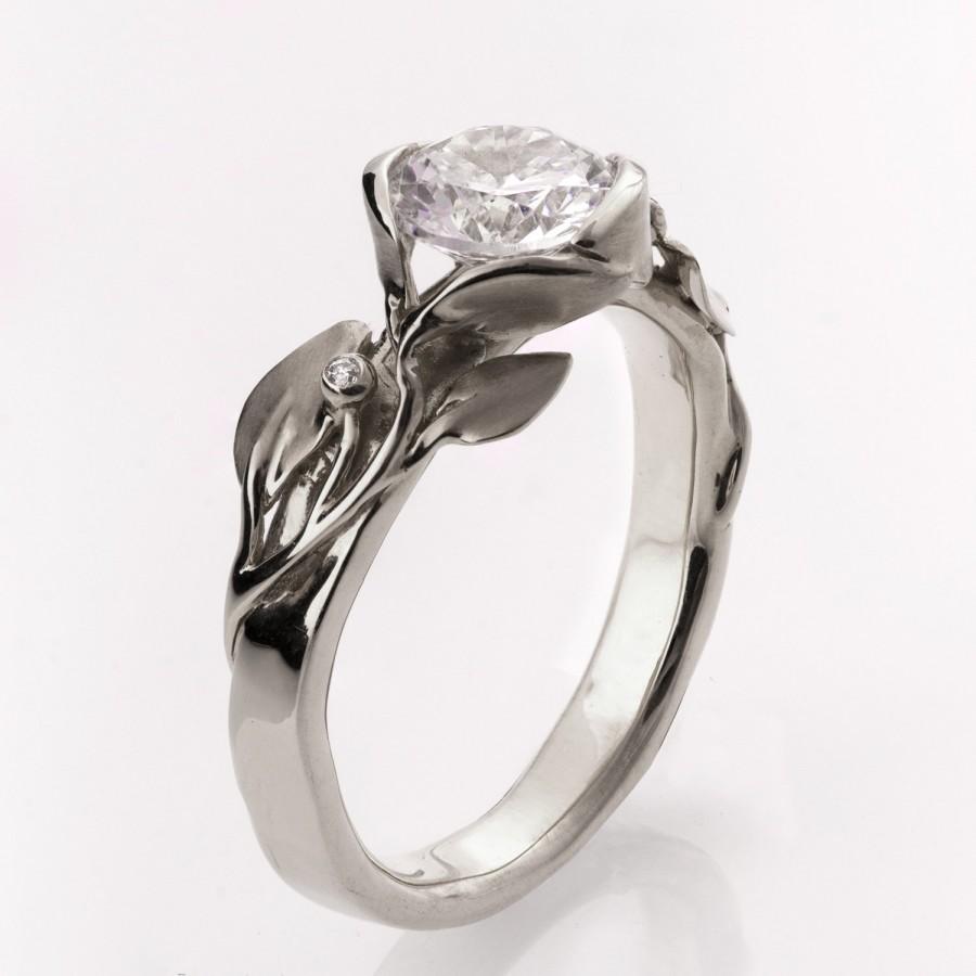 زفاف - Leaves Engagement Ring #10 - 14K White Gold and Moissanite engagement ring, lleaf ring, 1ct Moissanite,moissanite engagement ring, vintage
