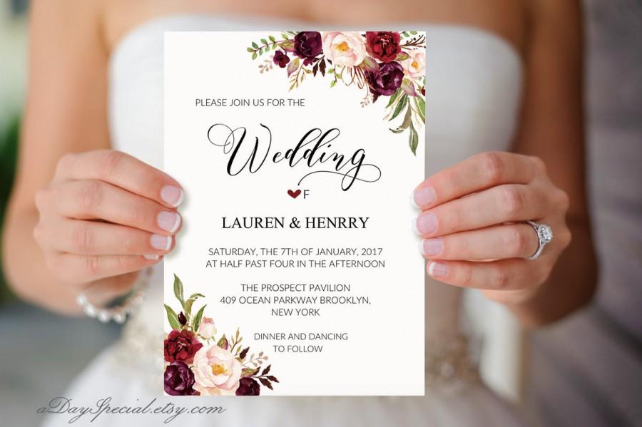 Wedding - Floral Wedding Invitation Template, Printable Wedding Invites, Burgundy Rose, Rustic Boho Chic, Winter Wedding Invite Set, DIY PDF