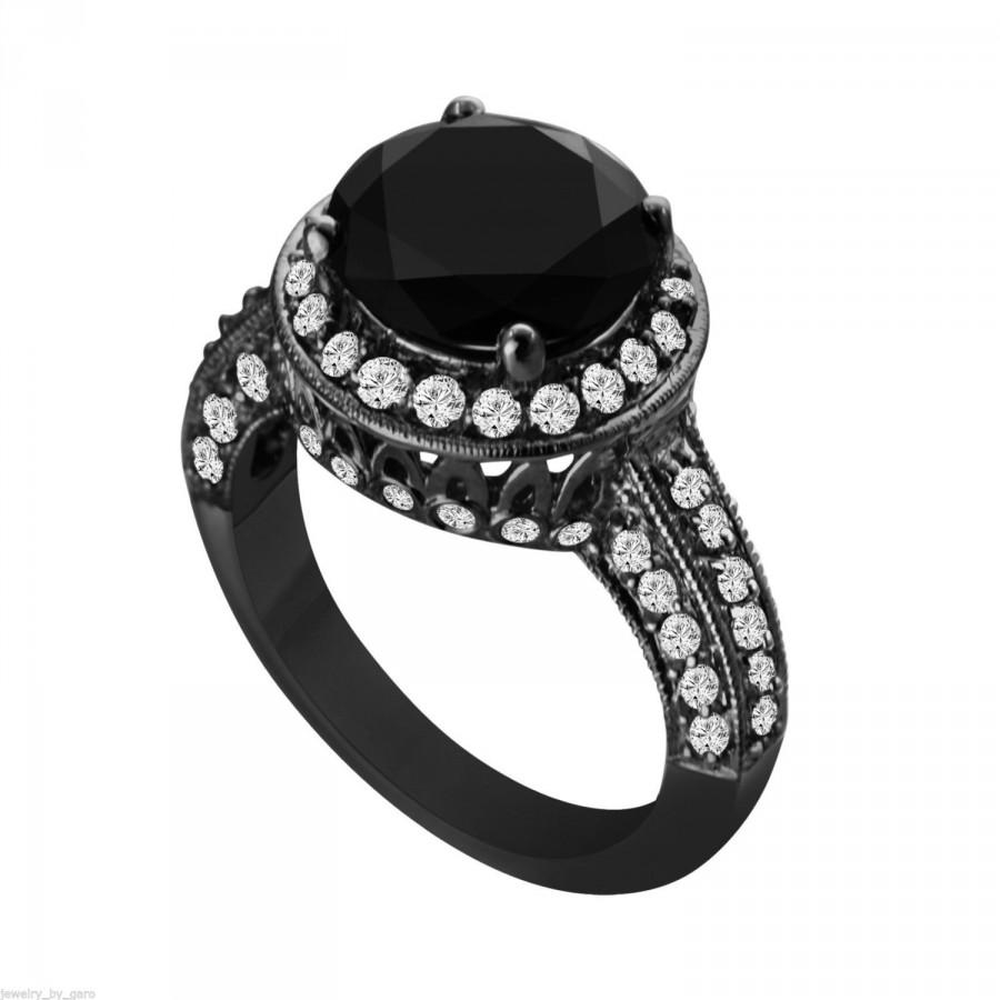 زفاف - Huge 5.18 Carat Fancy Black Diamond Engagement Ring Vintage Style 14k Black Gold handmade