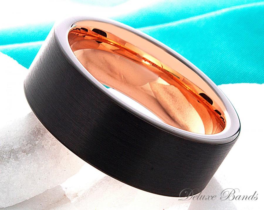 Hochzeit - Black Tungsten Ring Rose Gold Wedding Band Ring Tungsten Carbide 8mm 18K Tungsten Ring Man Wedding Band  Women Anniversary Promise His Hers
