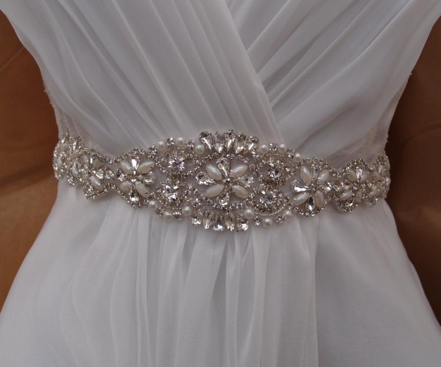 Hochzeit - Simona - Rhinestone Crystals and pearls bridal belt, wedding sash with Grosgrain Ribbon.