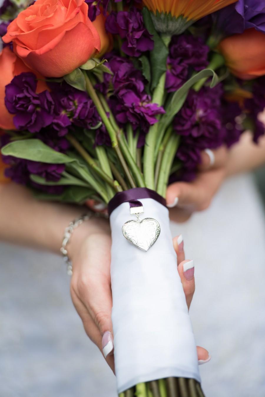 Hochzeit - Wedding Bouquet Heart Locket Memory Photo Frame.  Bridal Charm,  Bride Keepsake