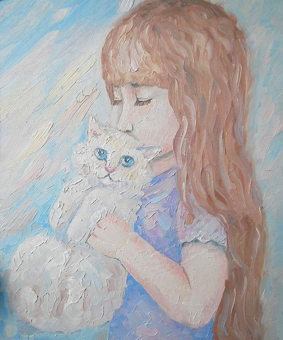 Hochzeit - Oil Pastel Painting Girl Child Room decor for Nursery Cat Kitty Pet Portrait Impasto Still Life Expressionism gift for her Bliss artwork set