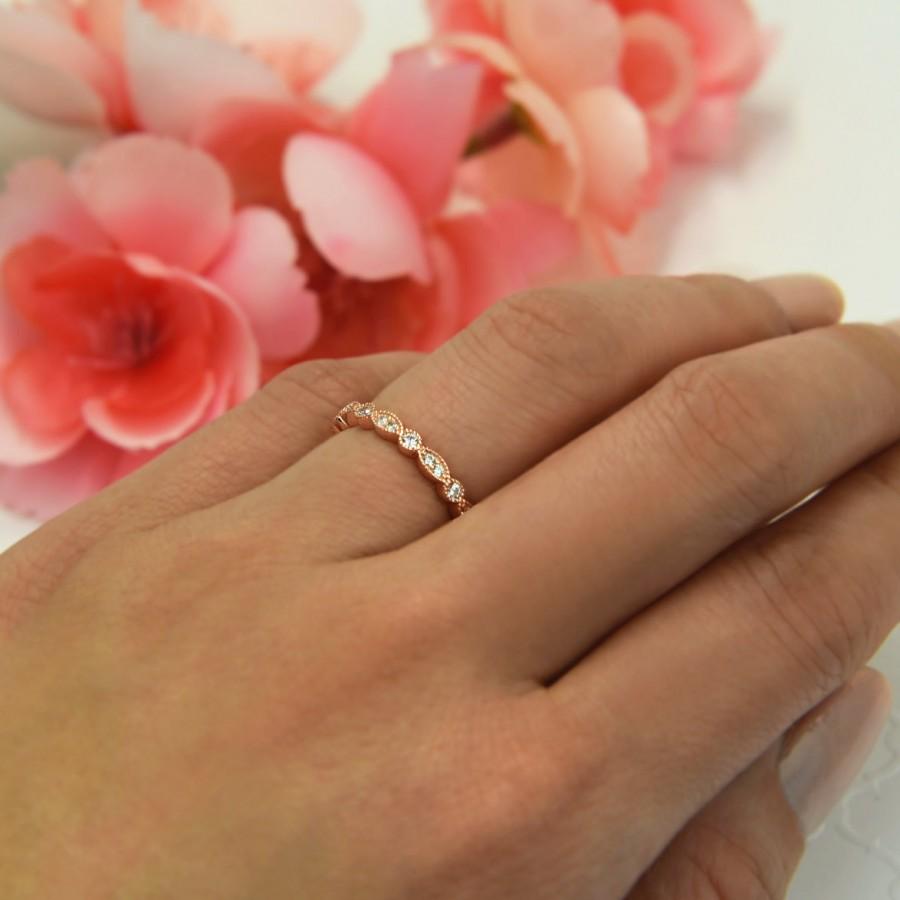 Mariage - Art Deco Full Eternity Ring, Marquise Wedding Band, Delicate Engagement Ring, Man Made Diamond Simulant, Sterling Silver, Rose Gold Plated
